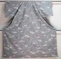 Washable Polyester Kimono - Grey Japanese Village Print Vintage Gray People Flowers Clouds Trees