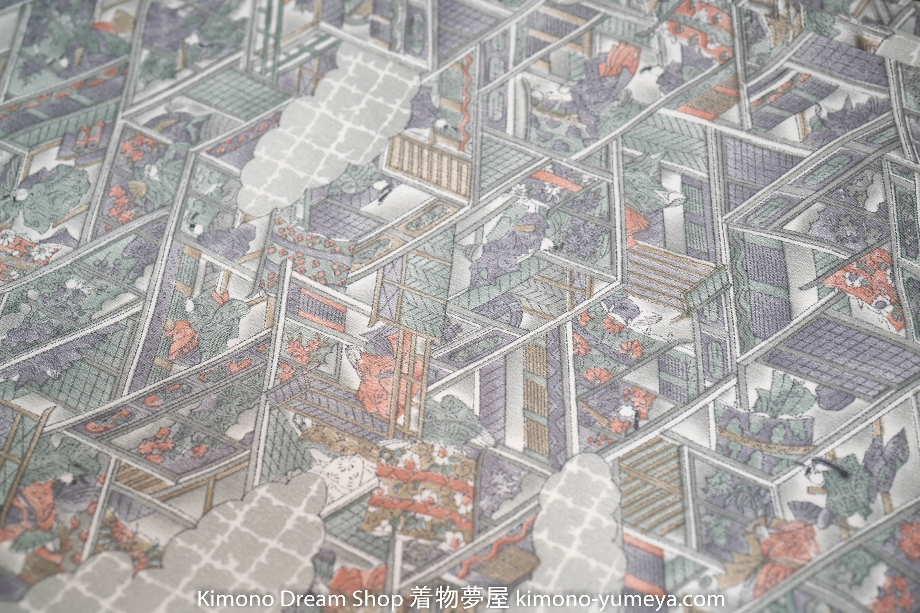 Washable Polyester Kimono - Grey Japanese Village Print Vintage Gray People Flowers Clouds Trees