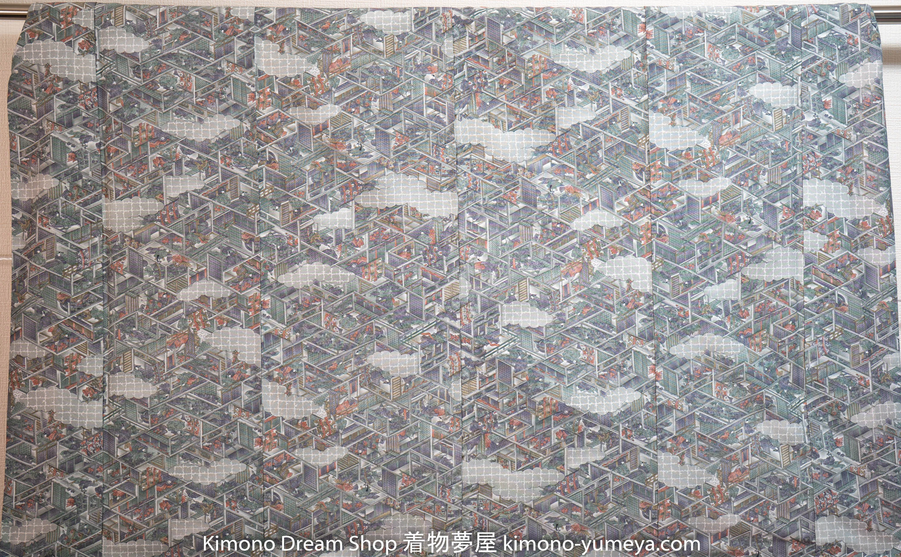 Washable Polyester Kimono - Grey Japanese Village Print Vintage Gray People Flowers Clouds Trees