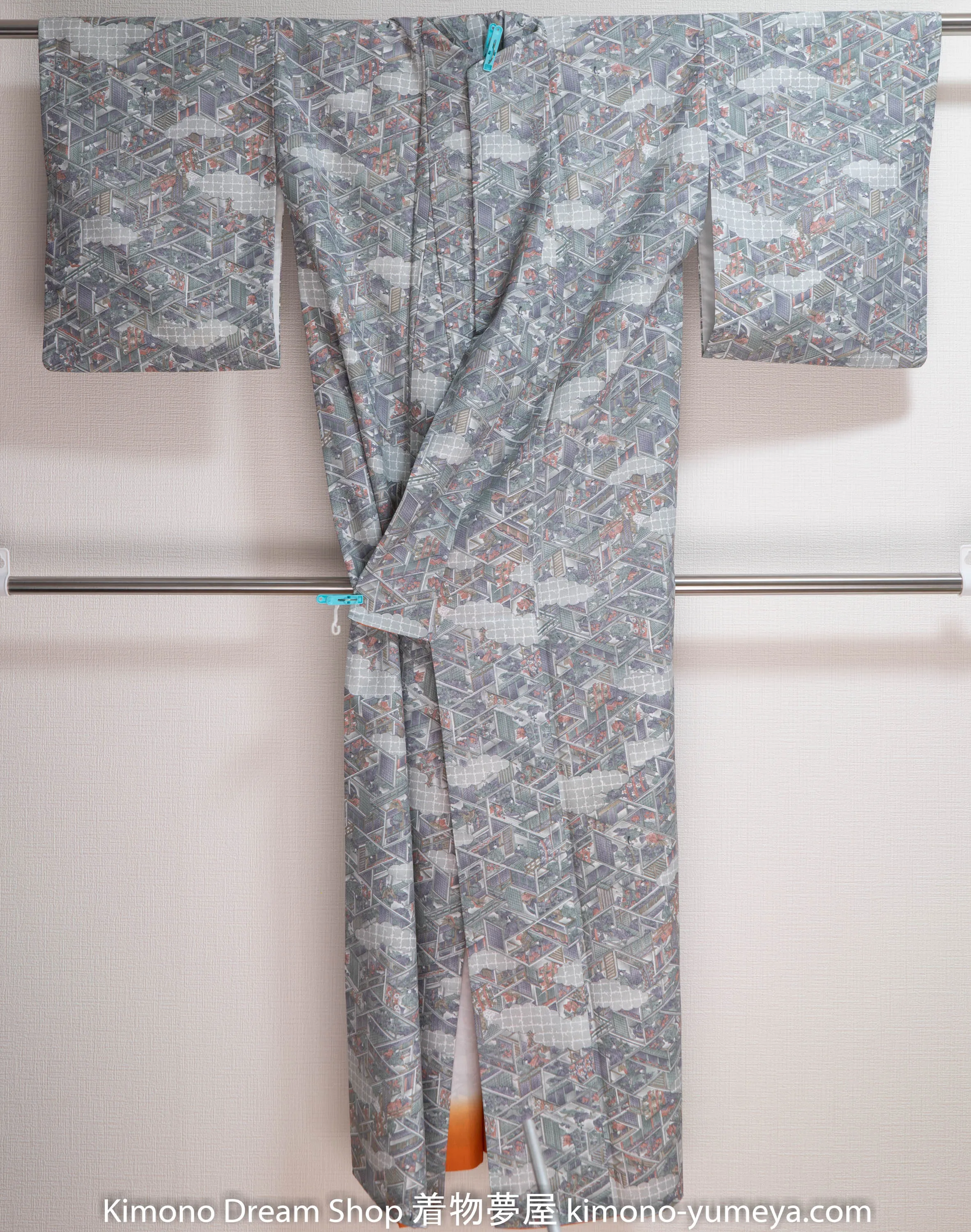 Washable Polyester Kimono - Grey Japanese Village Print Vintage Gray People Flowers Clouds Trees