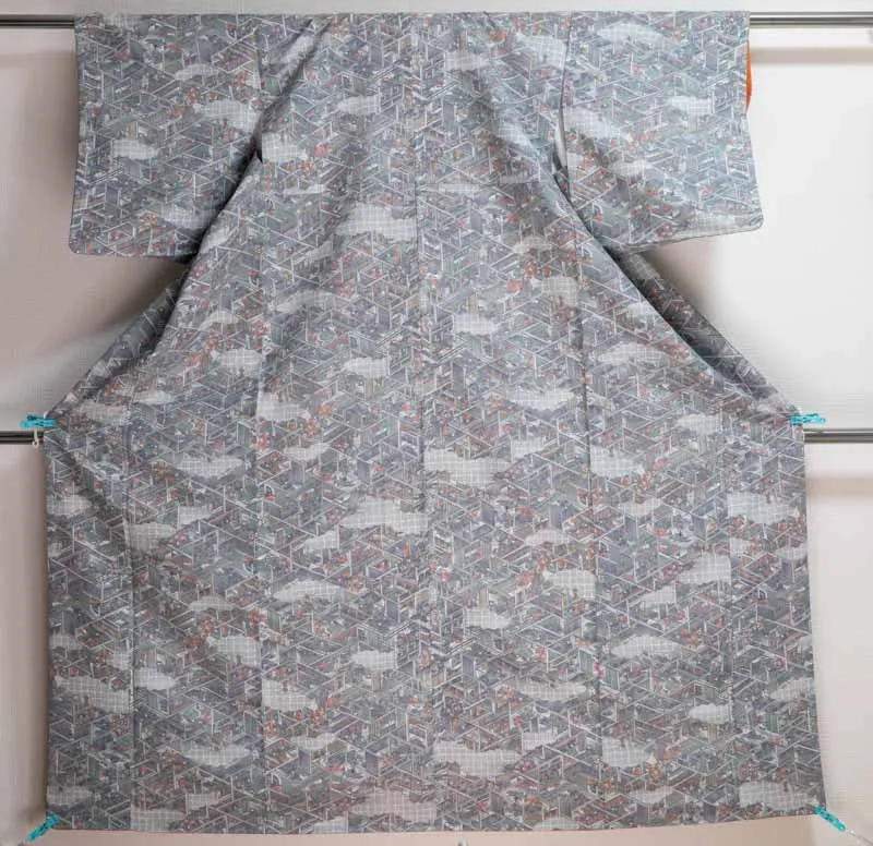 Washable Polyester Kimono - Grey Japanese Village Print Vintage Gray People Flowers Clouds Trees