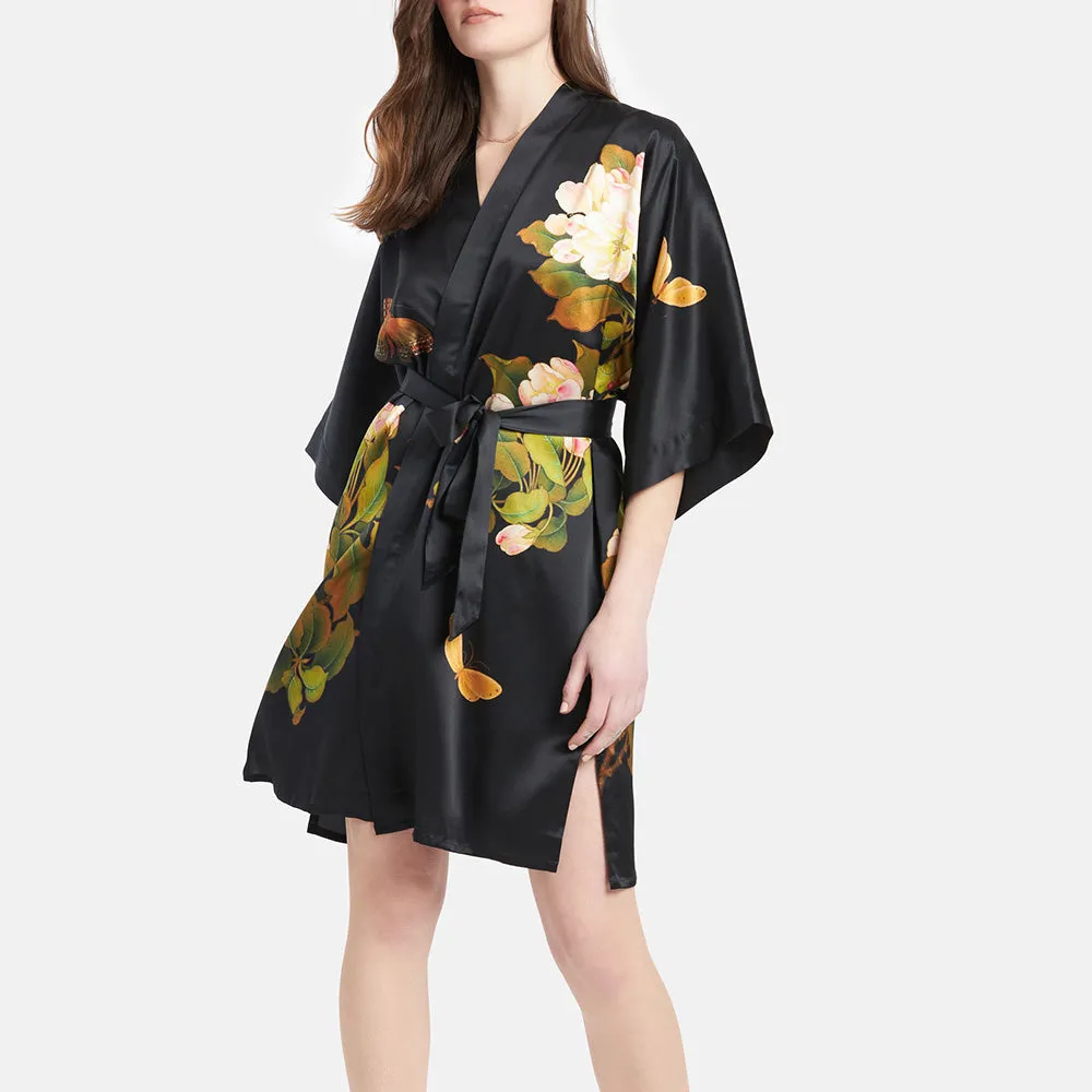 Washable Silk Peony & Butterfly Short Kimono Robe