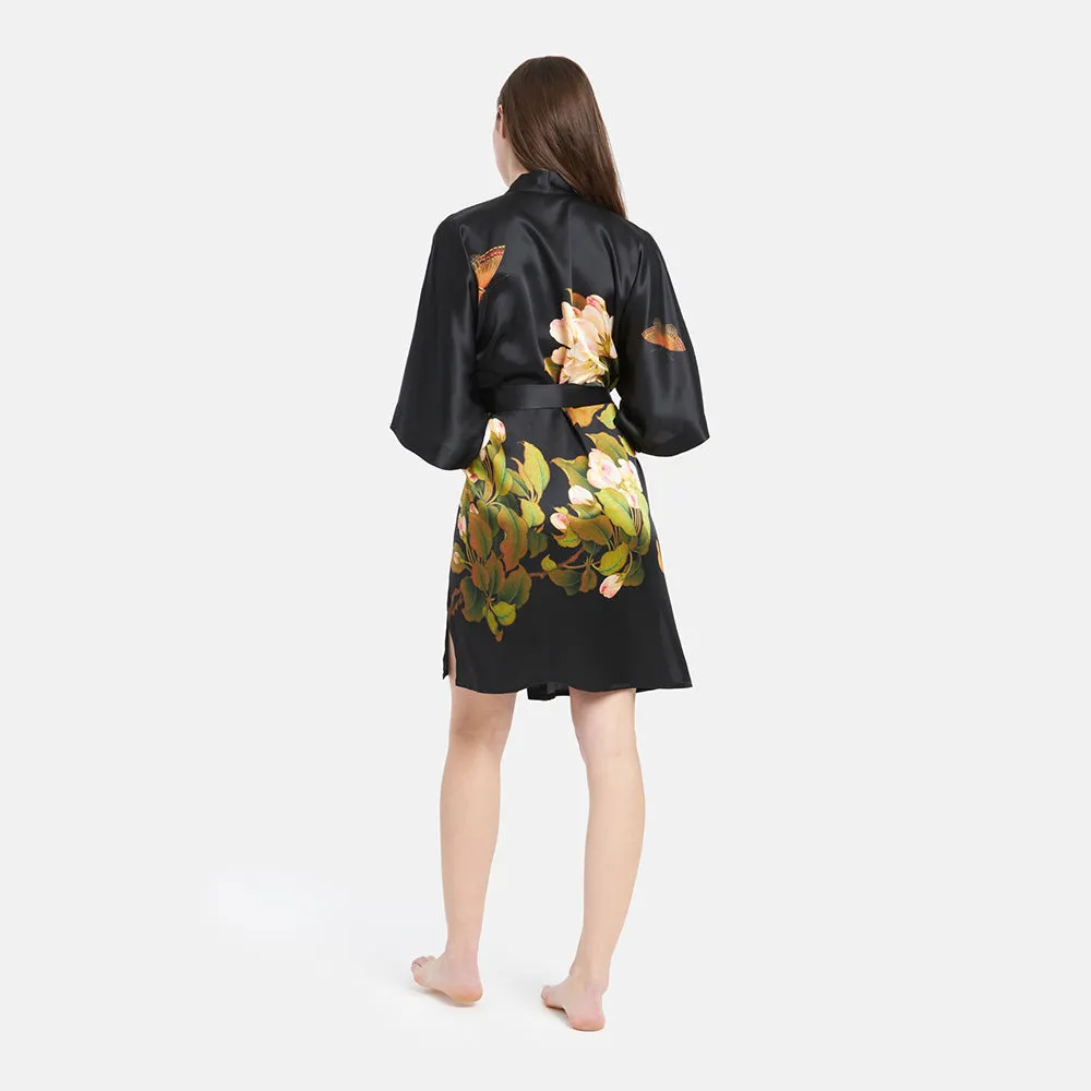 Washable Silk Peony & Butterfly Short Kimono Robe