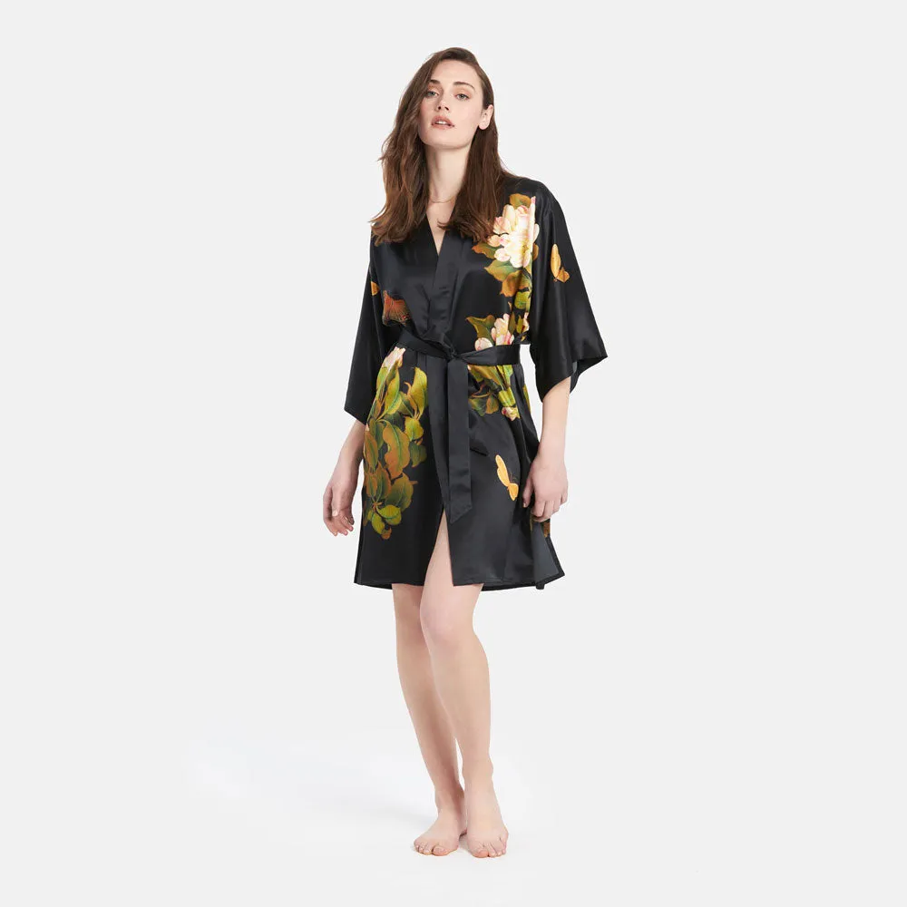 Washable Silk Peony & Butterfly Short Kimono Robe
