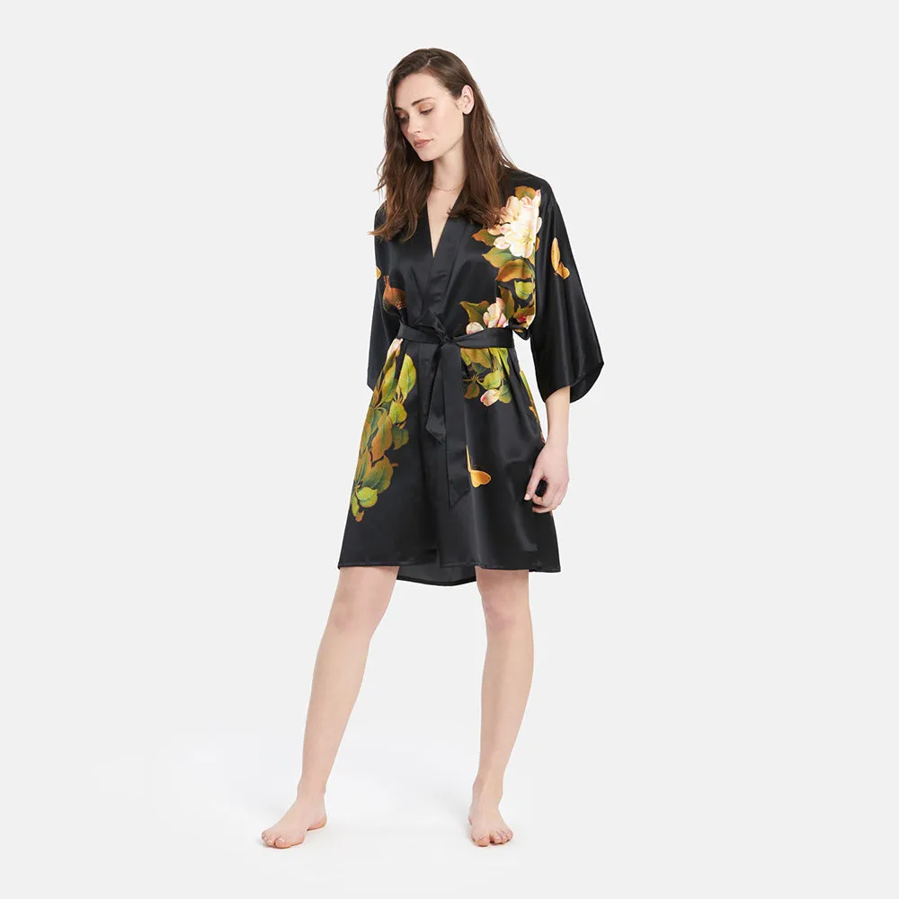 Washable Silk Peony & Butterfly Short Kimono Robe
