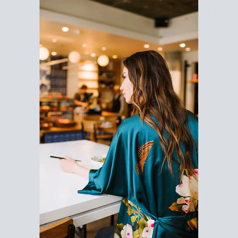 Washable Silk Peony & Butterfly Short Kimono Robe