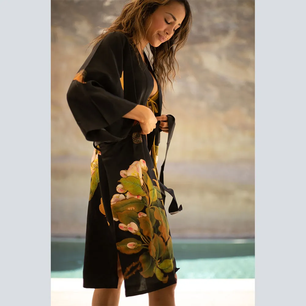 Washable Silk Peony & Butterfly Short Kimono Robe