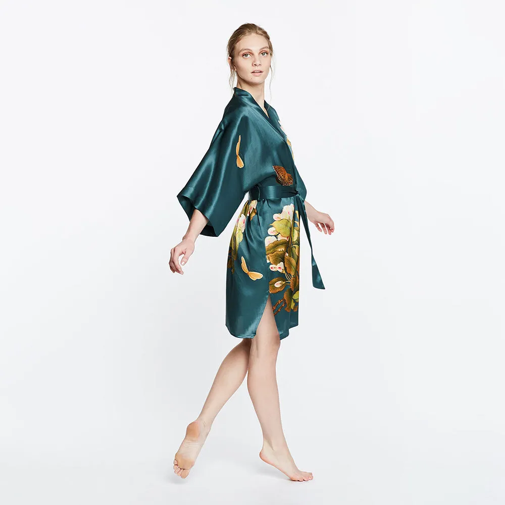 Washable Silk Peony & Butterfly Short Kimono Robe