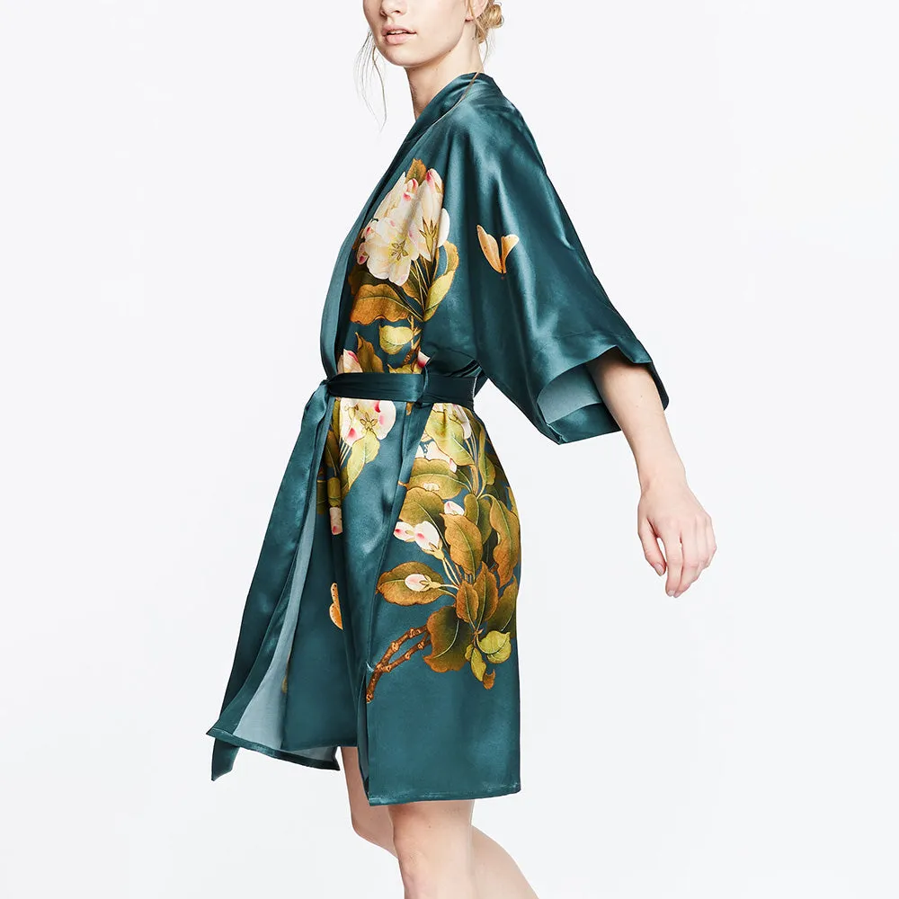 Washable Silk Peony & Butterfly Short Kimono Robe