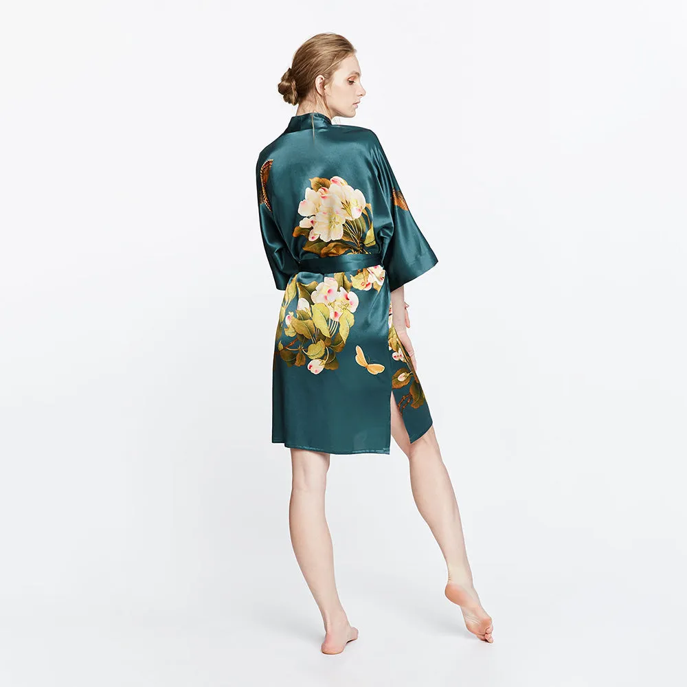 Washable Silk Peony & Butterfly Short Kimono Robe