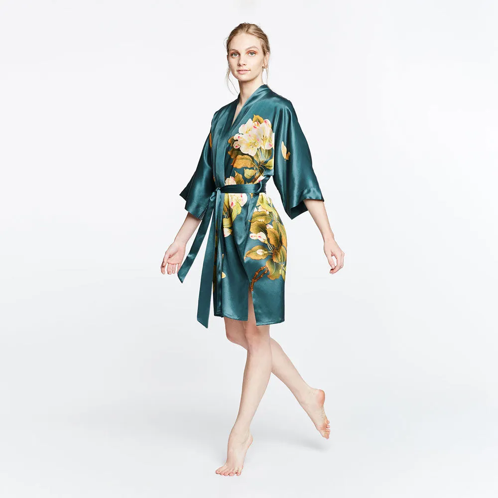 Washable Silk Peony & Butterfly Short Kimono Robe