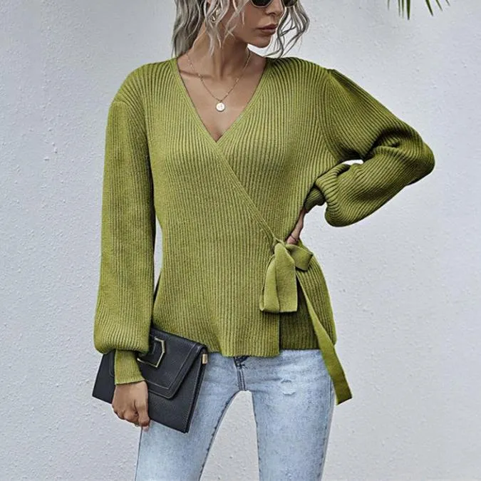 Women v neck bowknot lantern sleeve wrap sweater