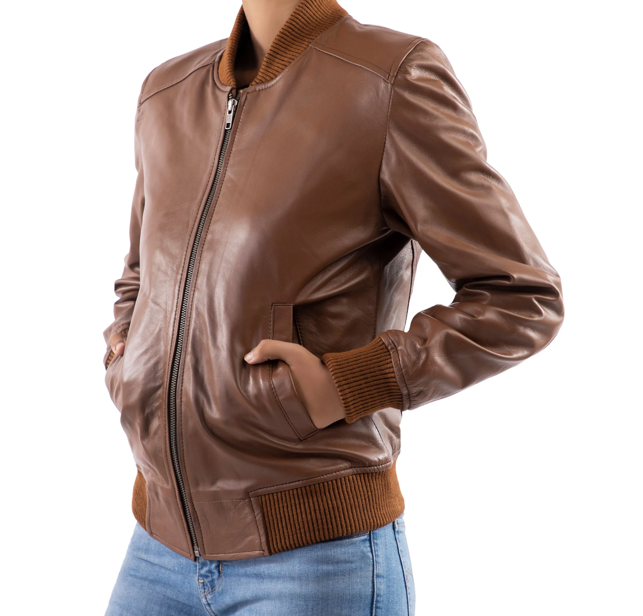 Women's Classic Baseball Cognac Leather Bomber Style Jacket