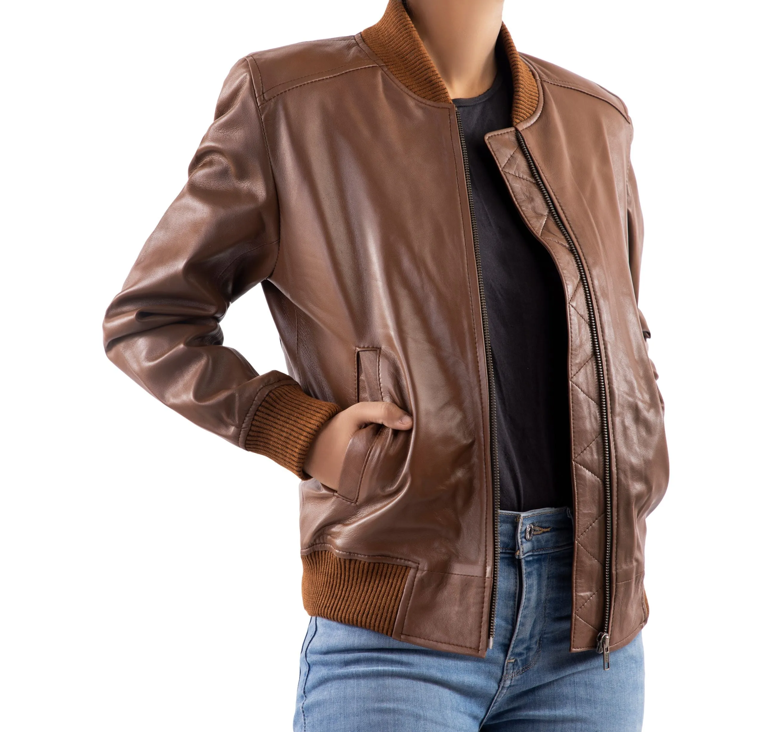 Women's Classic Baseball Cognac Leather Bomber Style Jacket