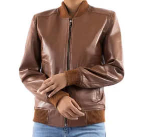 Women's Classic Baseball Cognac Leather Bomber Style Jacket