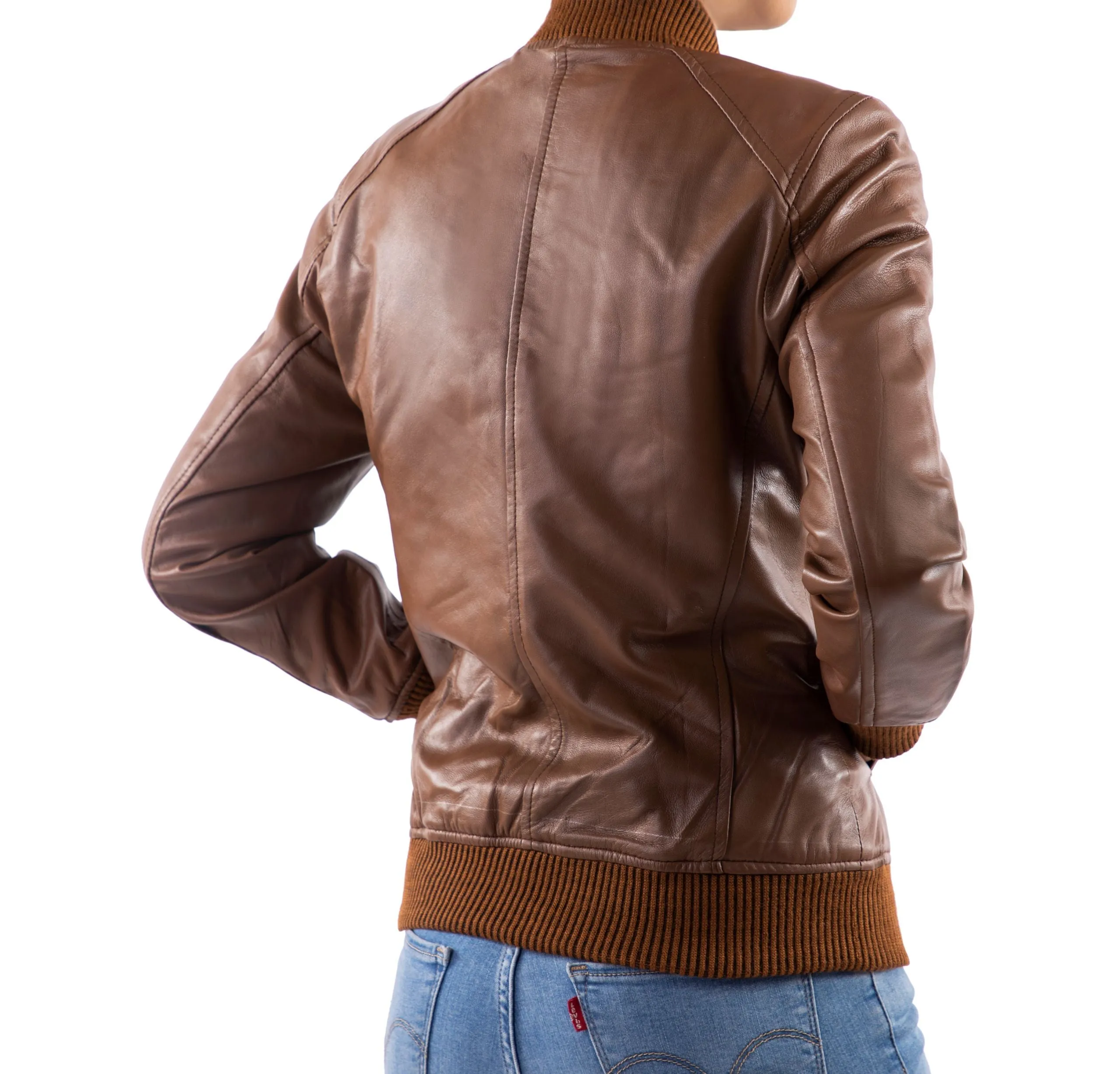 Women's Classic Baseball Cognac Leather Bomber Style Jacket