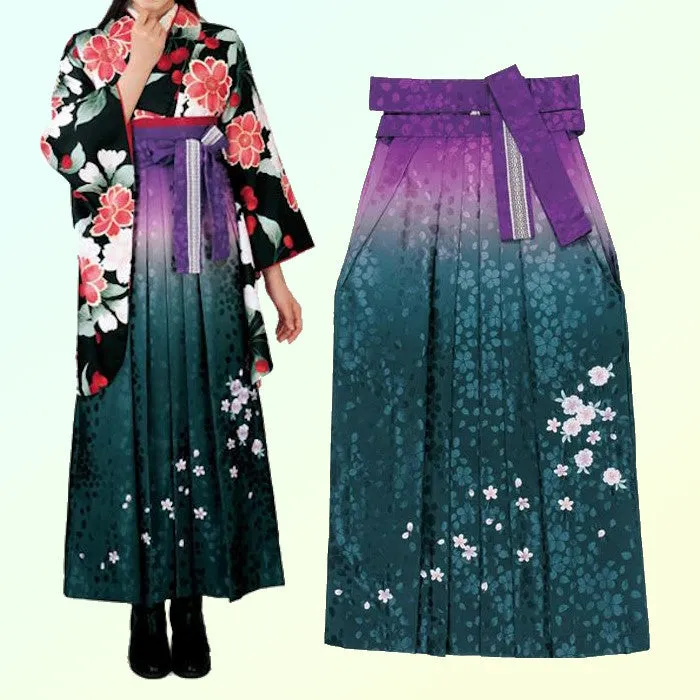 Women's Hakama - Purple to Green Gradient with White Flowers - Brand New Kimono Pants/Trousers - Washable