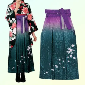 Women's Hakama - Purple to Green Gradient with White Flowers - Brand New Kimono Pants/Trousers - Washable