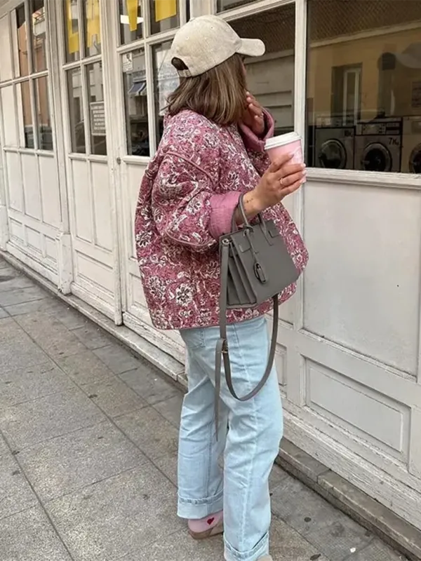 Women's Quilted Cozy Jacket with Pink Trim