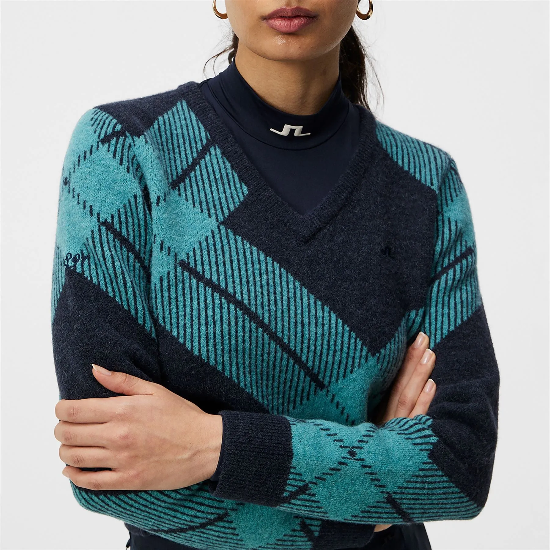 x Glenmuir Womens Brea Knitted V-Neck Sweater Tartan Teal - PS25