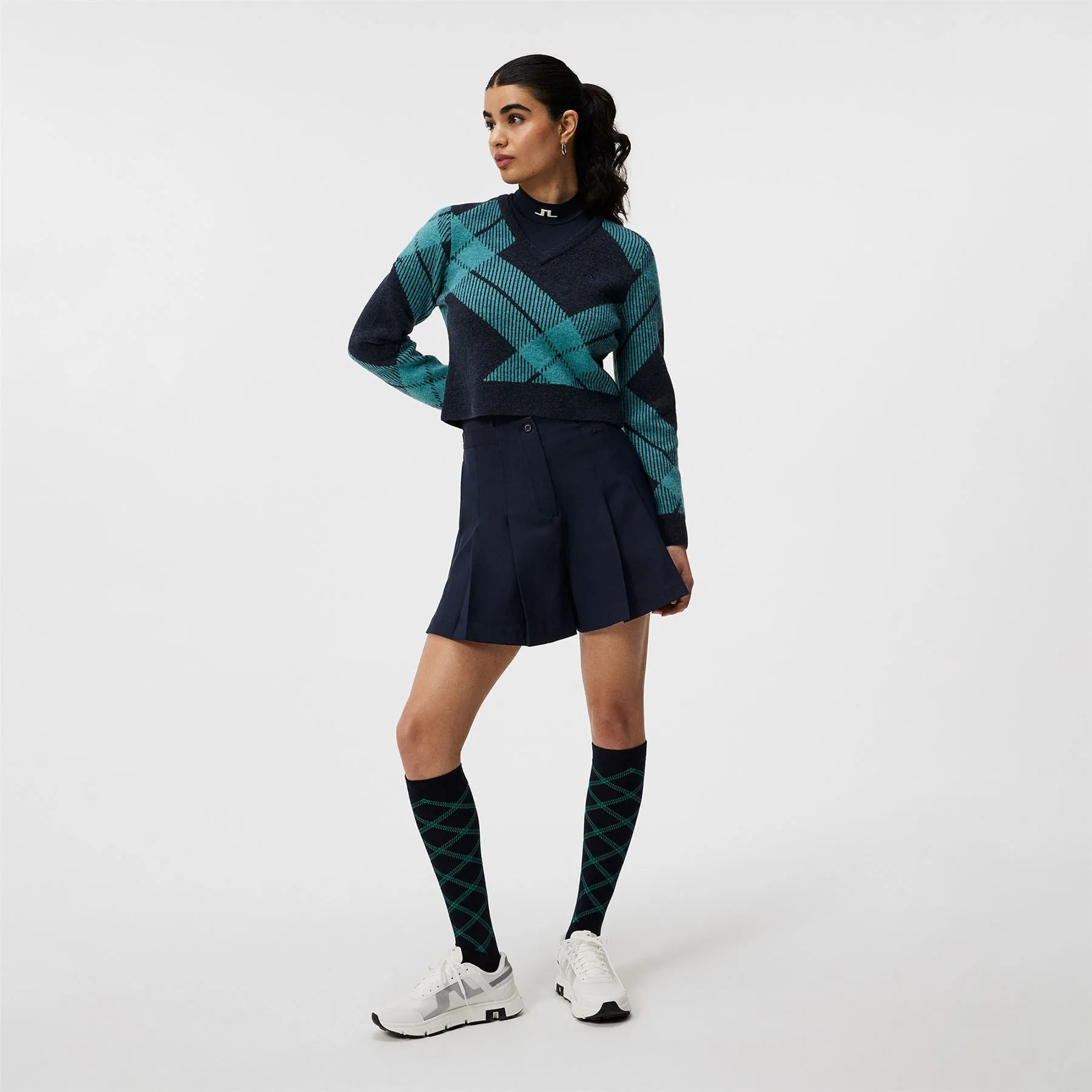 x Glenmuir Womens Brea Knitted V-Neck Sweater Tartan Teal - PS25