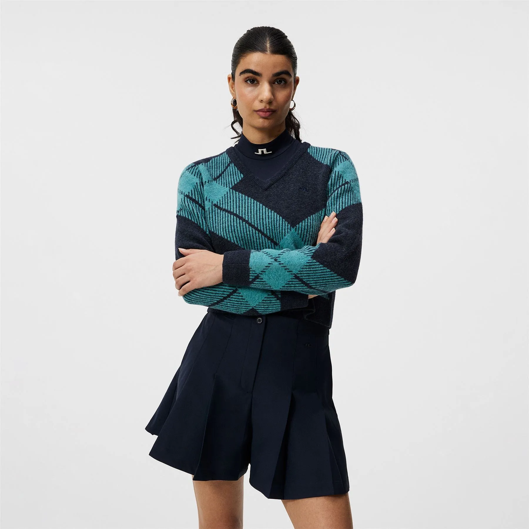 x Glenmuir Womens Brea Knitted V-Neck Sweater Tartan Teal - PS25