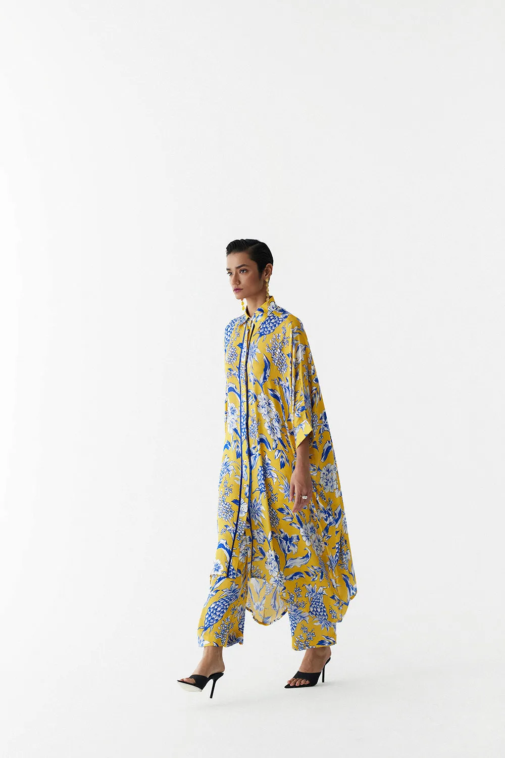 Yellow Pineapple  Front Button Kimono And Pants Co-Ord
