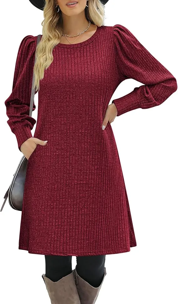 YESFASHION Womens Crew Neck Fall Dresses Long Sleeve Casual Sweater Short Dress Puff Sleeve Knit Tunic Dress Khaki XL