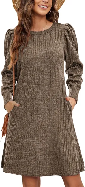 YESFASHION Womens Crew Neck Fall Dresses Long Sleeve Casual Sweater Short Dress Puff Sleeve Knit Tunic Dress Khaki XL