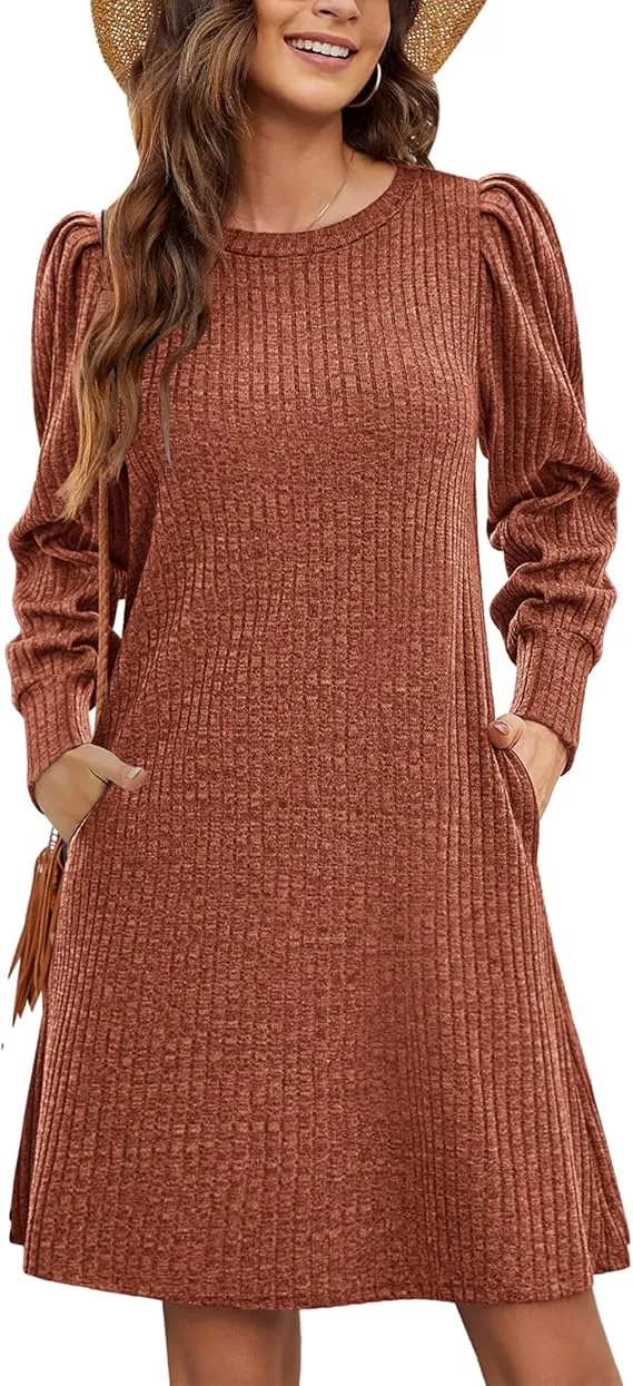 YESFASHION Womens Crew Neck Fall Dresses Long Sleeve Casual Sweater Short Dress Puff Sleeve Knit Tunic Dress Khaki XL