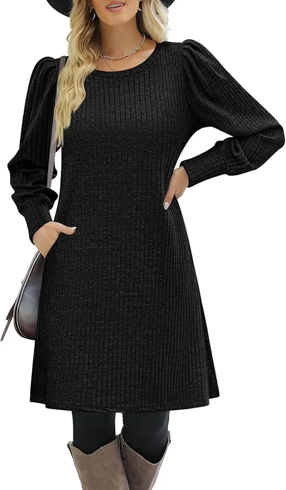 YESFASHION Womens Crew Neck Fall Dresses Long Sleeve Casual Sweater Short Dress Puff Sleeve Knit Tunic Dress Khaki XL