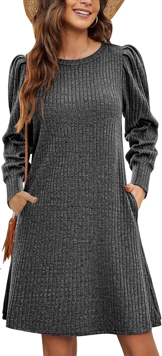 YESFASHION Womens Crew Neck Fall Dresses Long Sleeve Casual Sweater Short Dress Puff Sleeve Knit Tunic Dress Khaki XL