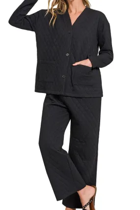 Zenana Fireside Cozy Black Quilted Jacket and Pants Set